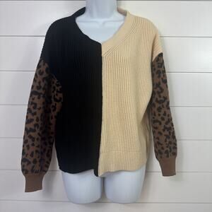 Dee Elly Op Art Leopard Print Colorblock V-Neck Chunky Knit Sweater sz S